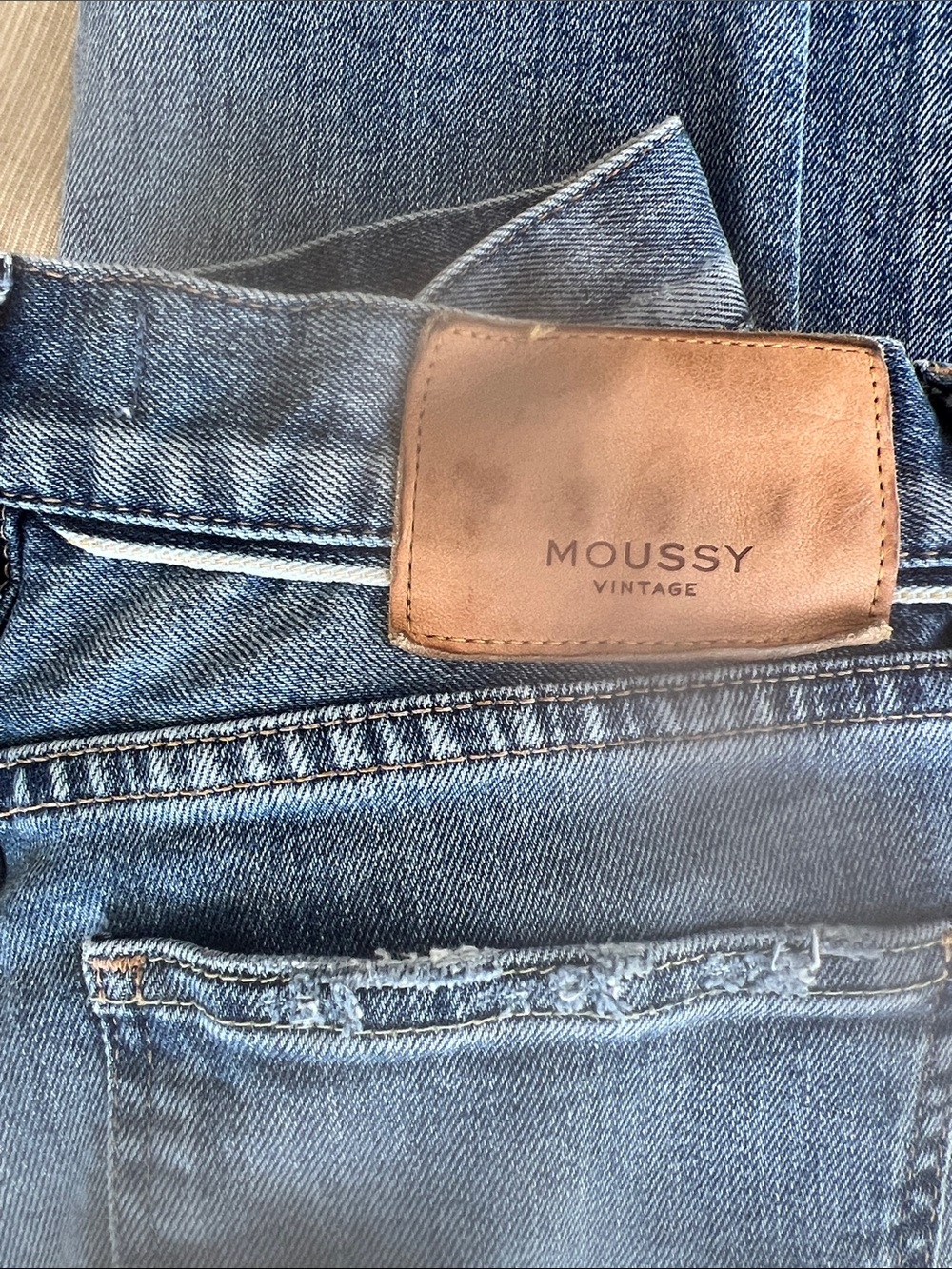 Moussy Blue Denim Jeans with Brown Leather Patch